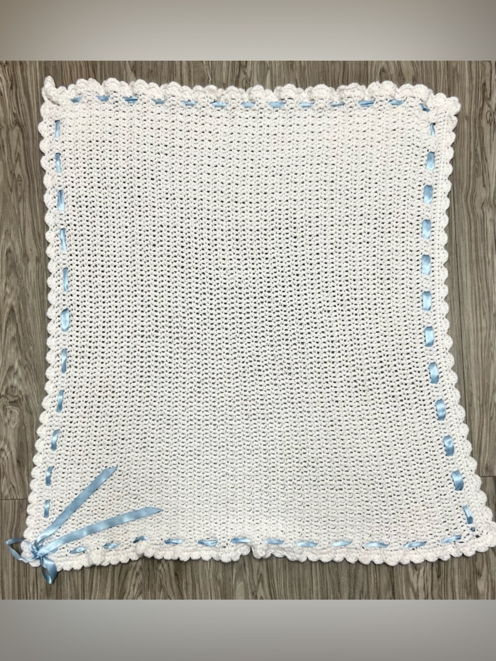 Vintage Style Crochet White Baby Blanket Blue Satin Ribbon Edging 37” X 31”
